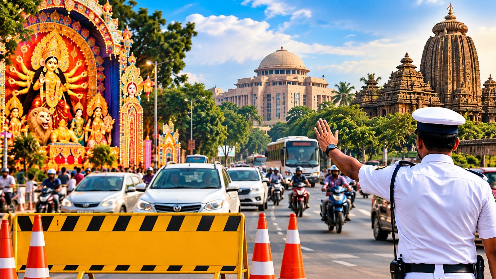 Bhubaneswar Traffic Advisory 2026: Traffic police managing vehicles and road diversions during Durga Puja in Bhubaneswar.