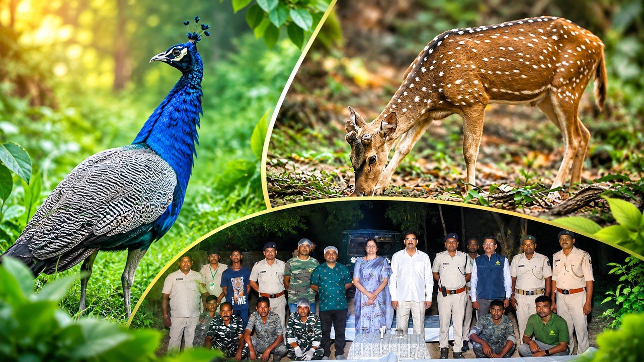 Peacock and spotted deer at Debrigarh Wildlife Sanctuary in Odisha