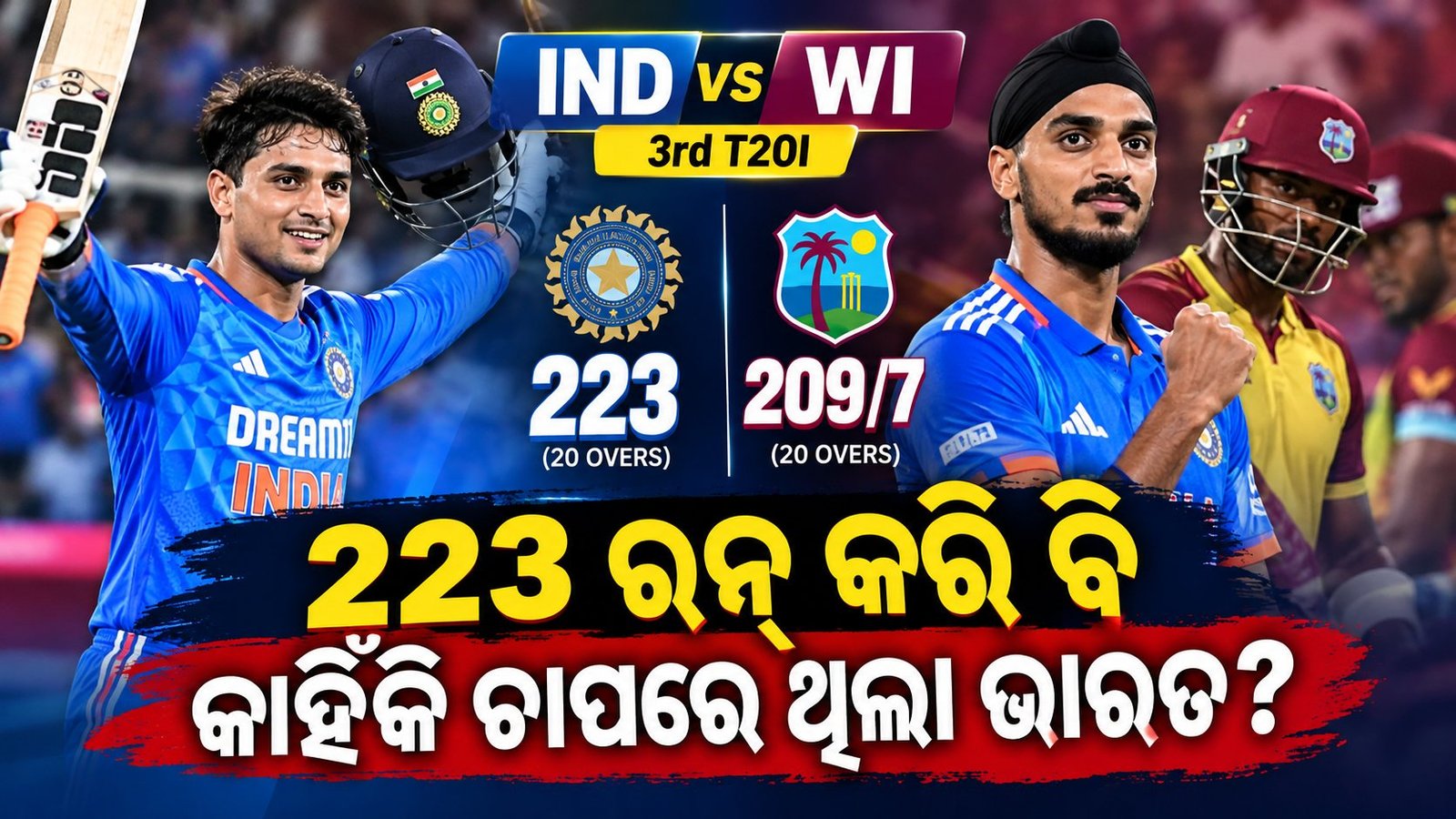 IND vs WI 3rd T20I thumbnail showing India vs West Indies cricket match and 223 run score