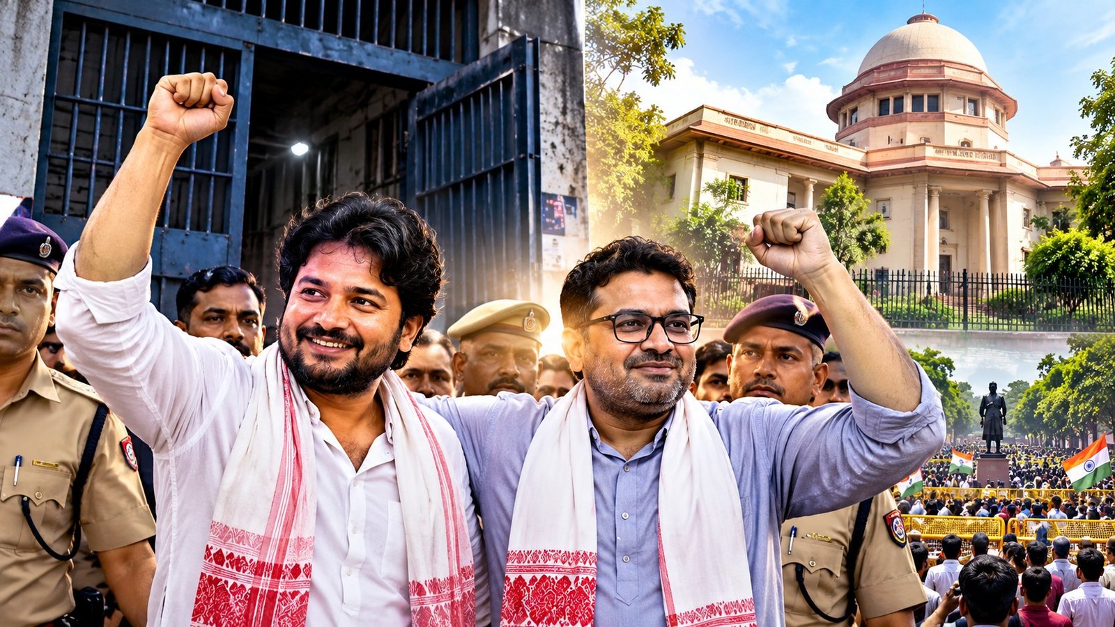 Jantar Mantar protest case showing two CJP leaders, police, jail gates and court building