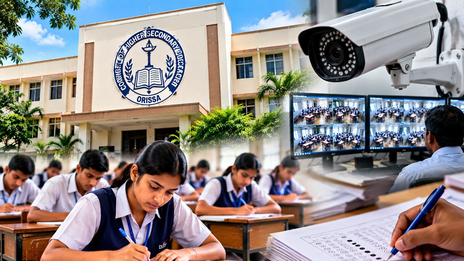 CHSE Odisha +2 Exam 2027 CCTV surveillance in examination hall with students writing exams