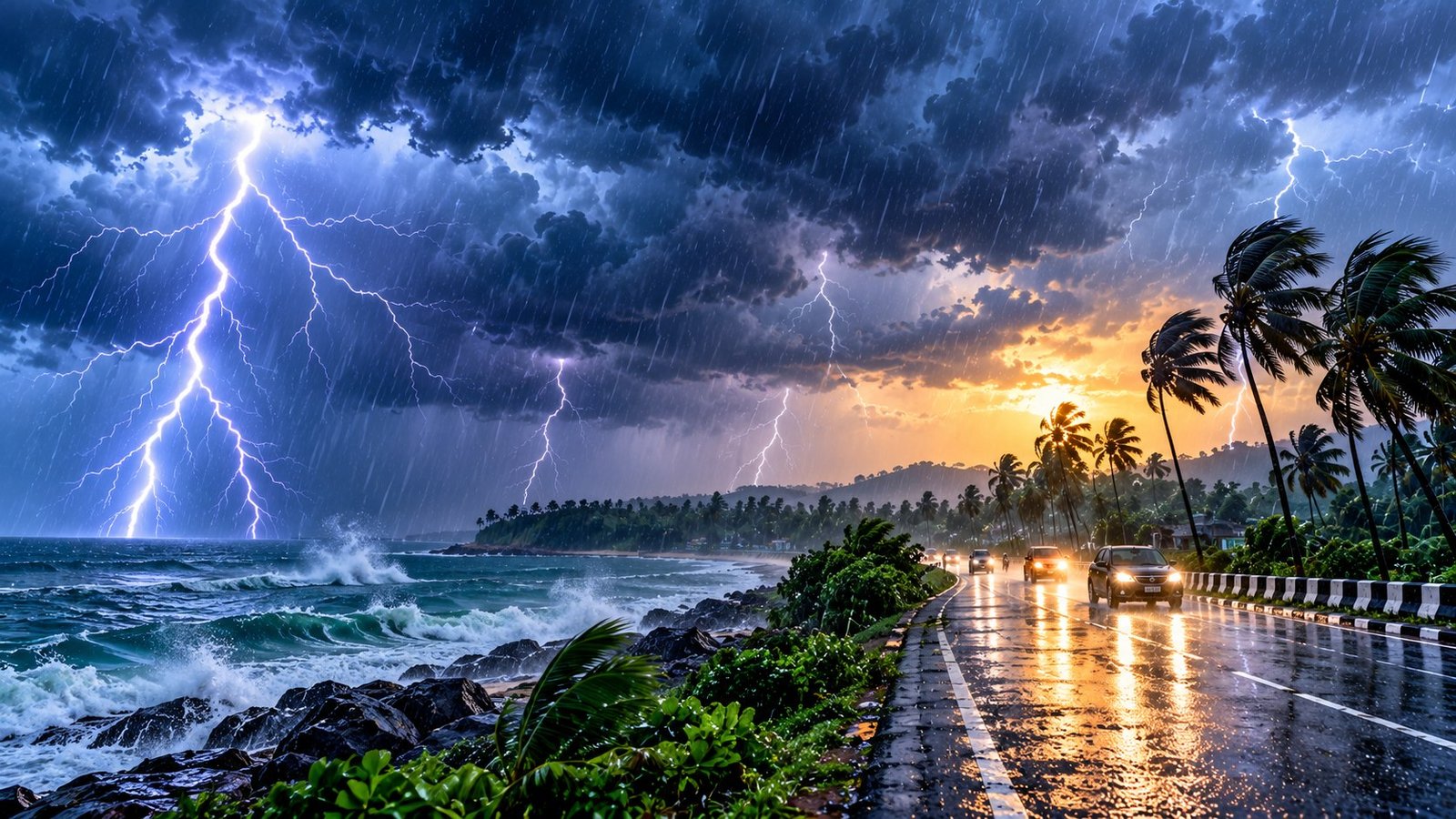 Odisha Weather Alert Today – dark storm clouds, lightning, heavy rain and a rain-soaked coastal road in Odisha