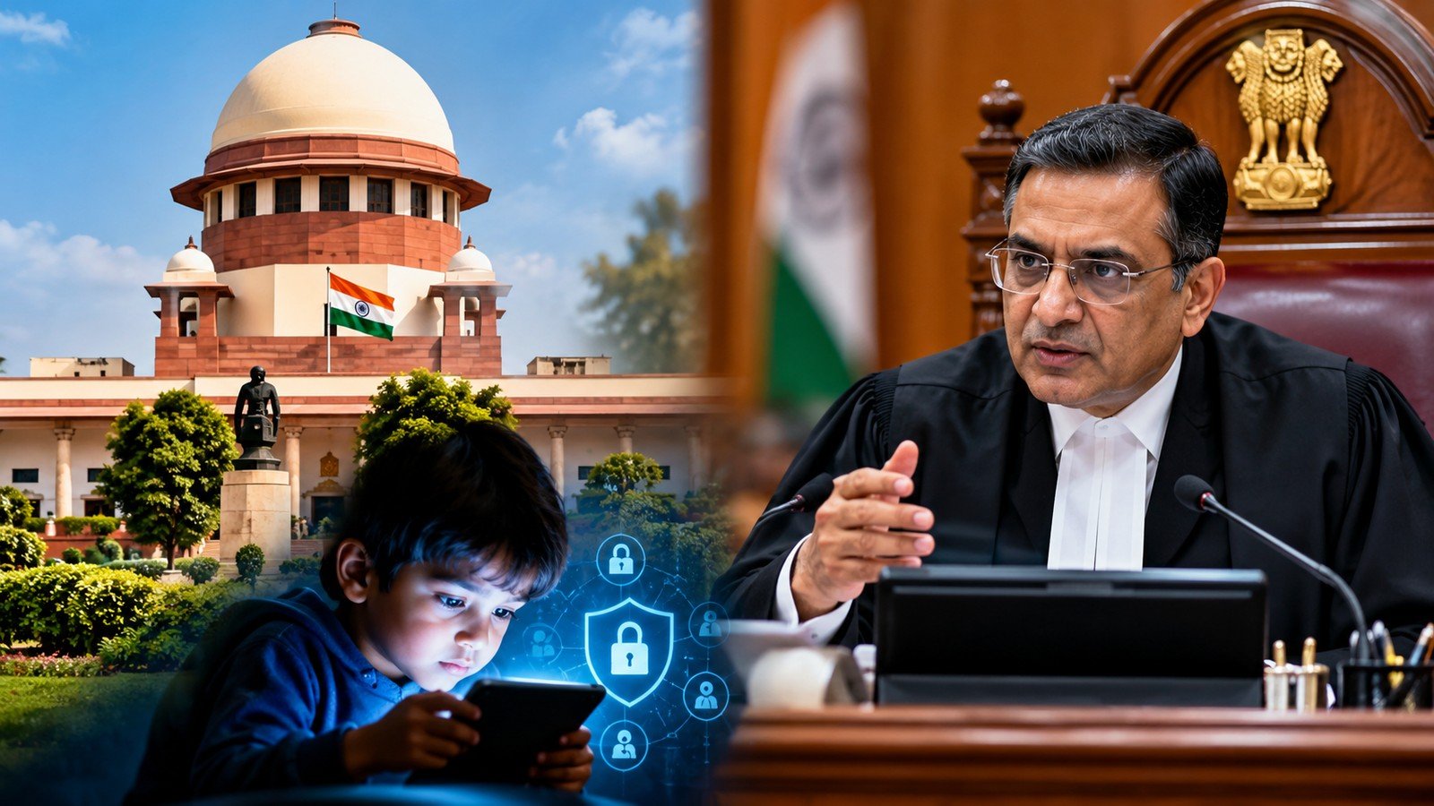 Supreme Court Big Decision –Supreme Court building and child using a mobile device for online safety news
